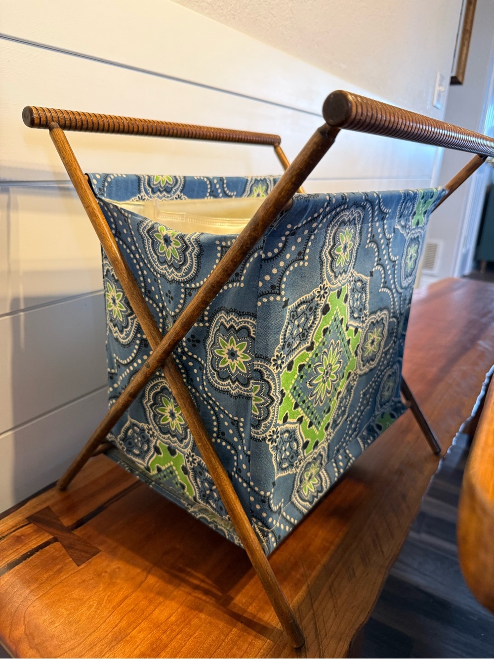 Vintage Blue and Green Patterned Fabric Magazine Holder
